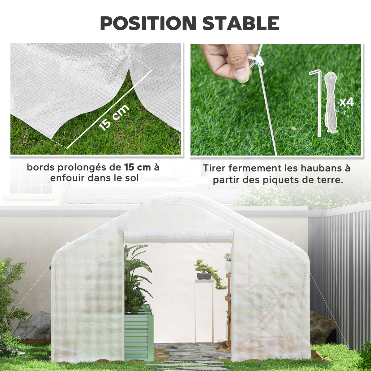 Serre de jardin 4 x 3 x 2m avec portes enroulables et grandes fenêtres, serre tunnel de jardin, blanc