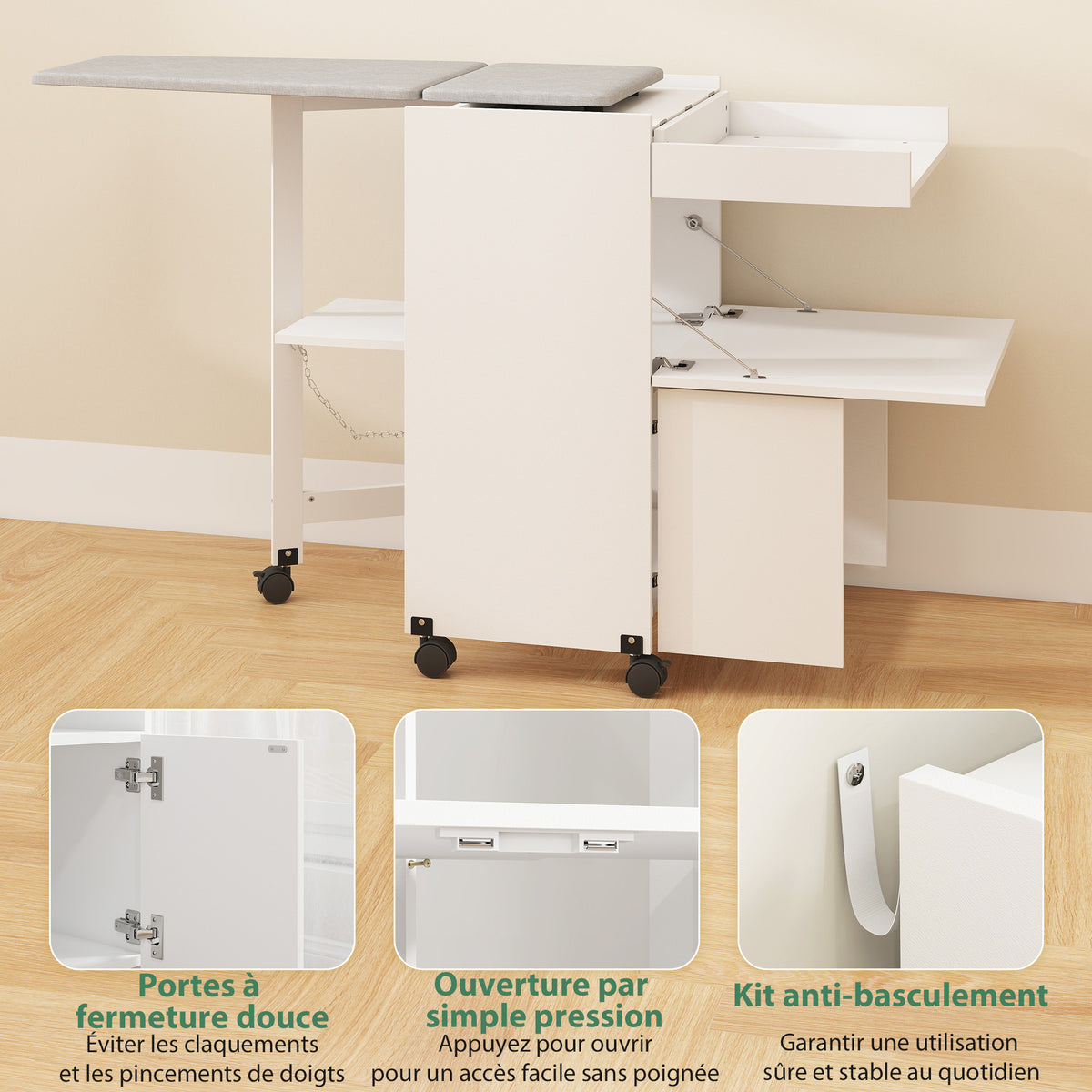 Meuble à repasser, table à repasser pliante sur roulettes avec portes par pression, charnières à fermeture douce, blanc