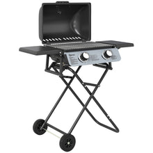 Barbecue gaz transportable, 2 brûleurs 5,6 kW, barbecue gaz de camping avec étagères latérales thermomètre et roues, noir
