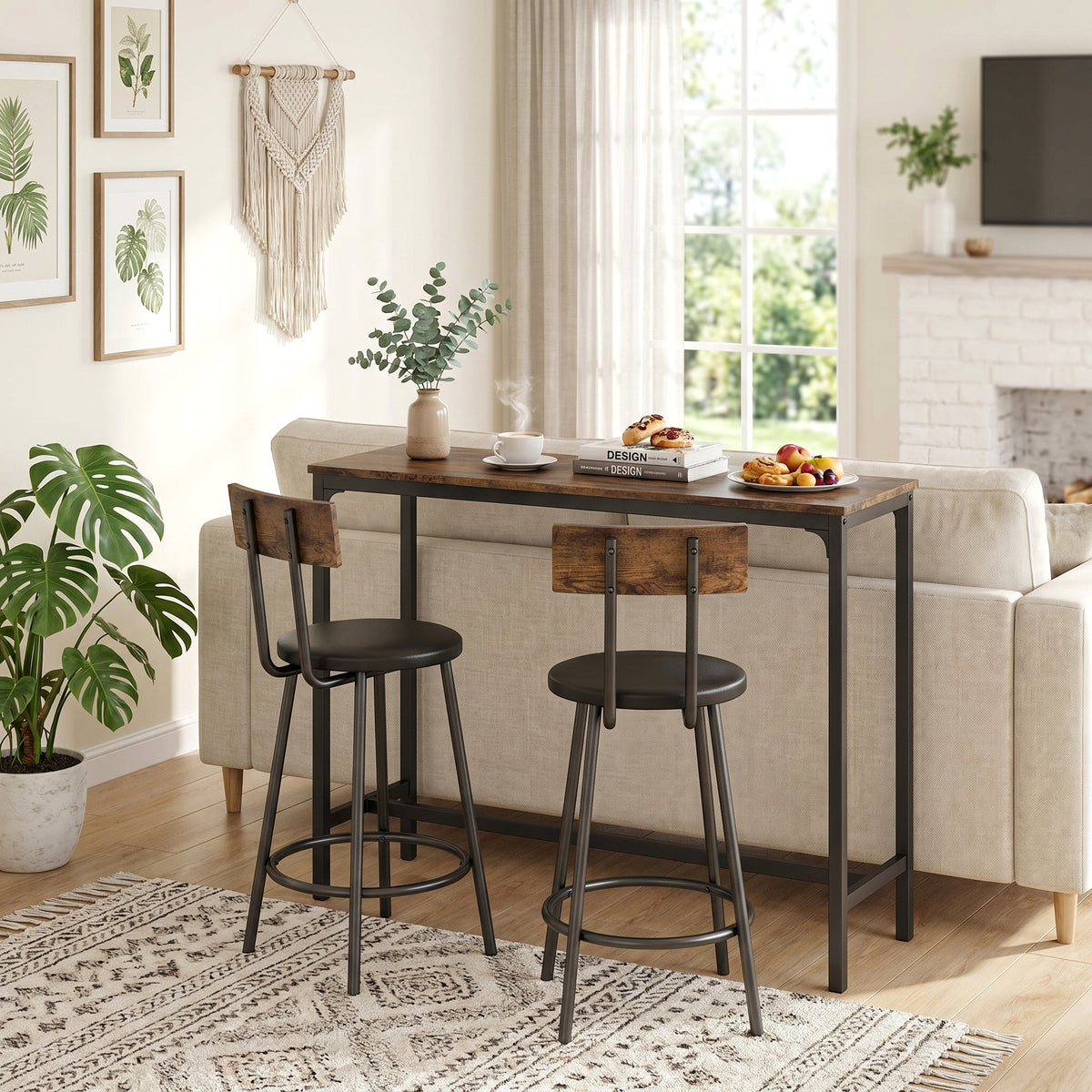 Ensemble Table de Bar avec 2 Tabourets, Table Haute de Cuisine et 2 Chaises de Bar Rembourrées PU, Repose-Pieds, Marron Aosom