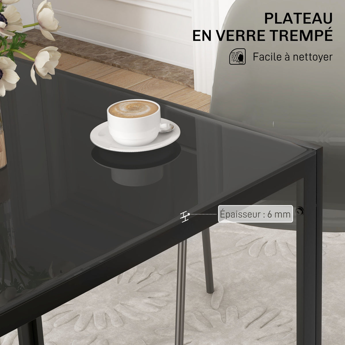 Table à manger pour 4 personnes, table de cuisine avec plateau en verre trempé et pieds en acier, 75 x 75 x 75 cm, noir