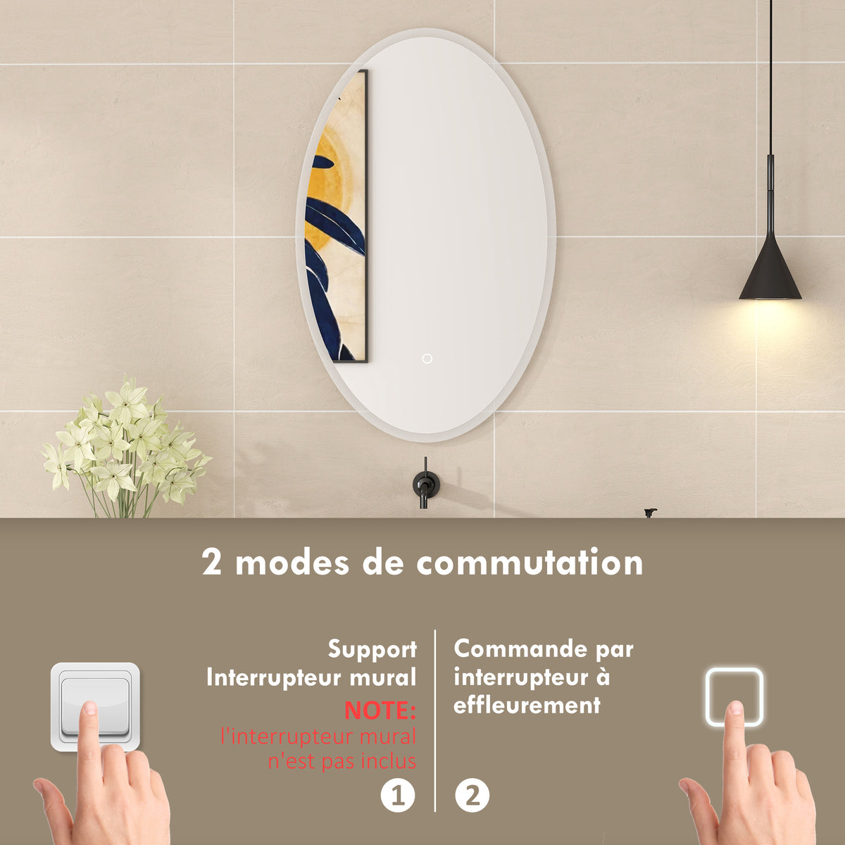 Miroir salle de bain avec éclairage 80 x 50 cm, miroir LED ovale, anti-buée, 3 couleurs lumière, dimmable, transparent