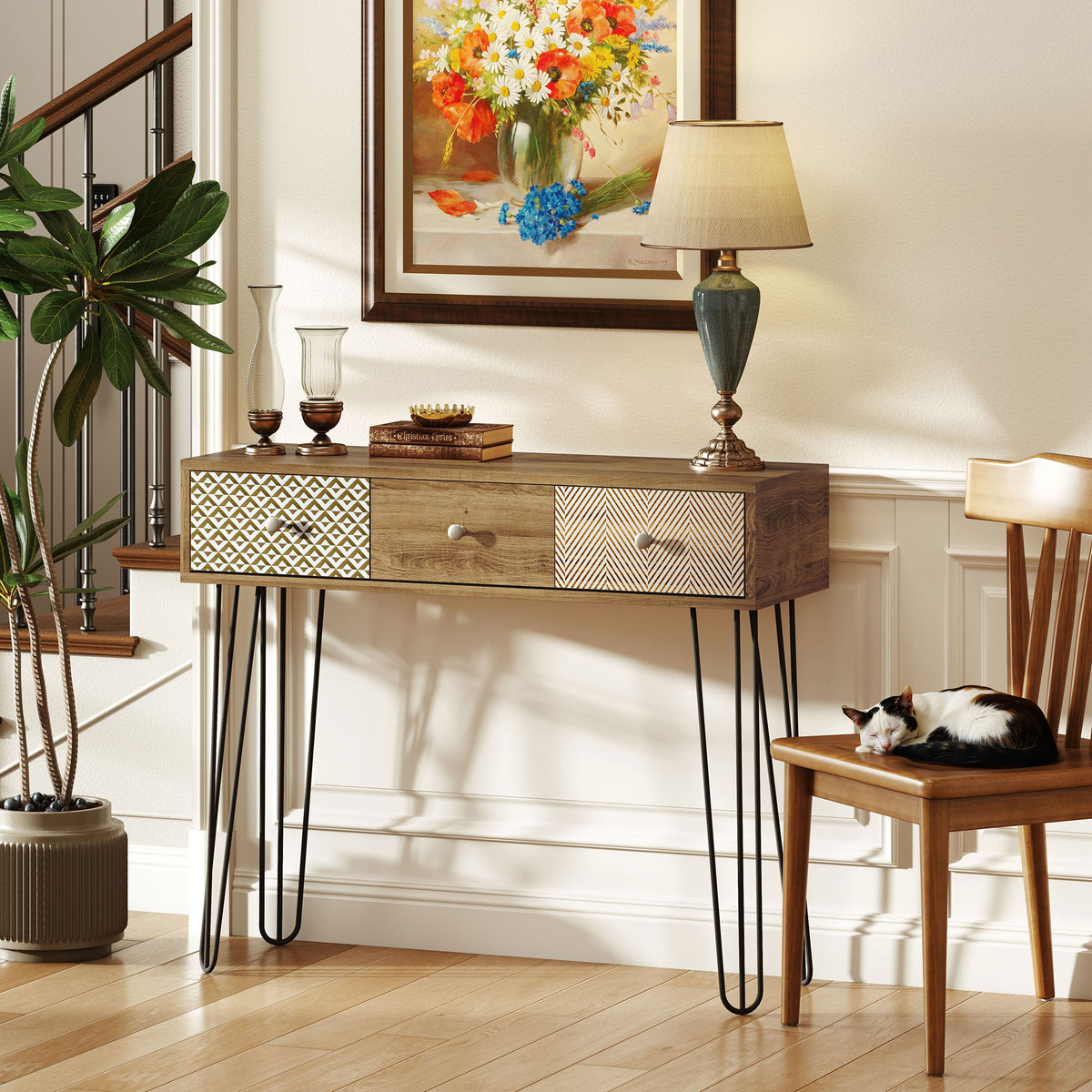Table console avec 3 tiroirs, table d'entrée étroite avec pieds en épingle à cheveux en acier, 90 x 30 x 75 cm, marron