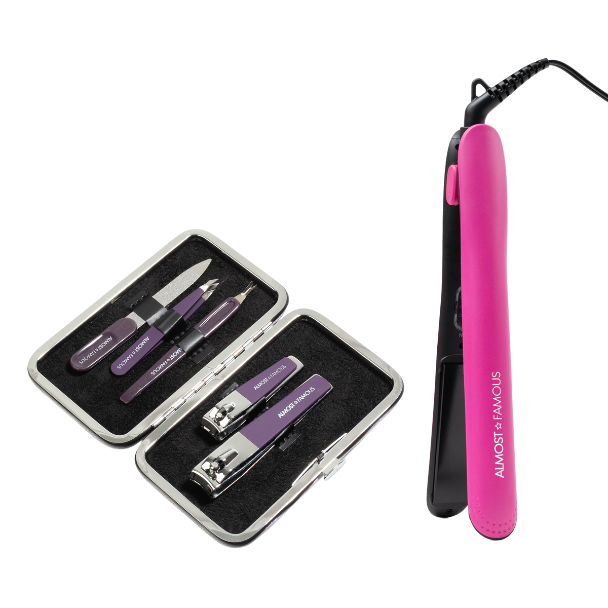 ALMOST FAMOUS "Fierce Glam" Hair & Nail Travel Set | Flat Iron + 5-Piece Manicure Kit