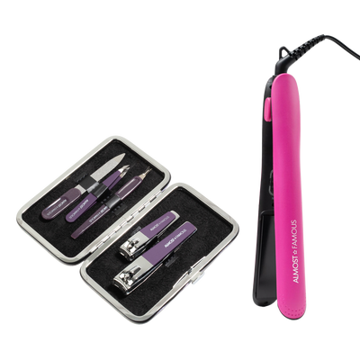 ALMOST FAMOUS "Fierce Glam" Hair & Nail Travel Set | Flat Iron + 5-Piece Manicure Kit