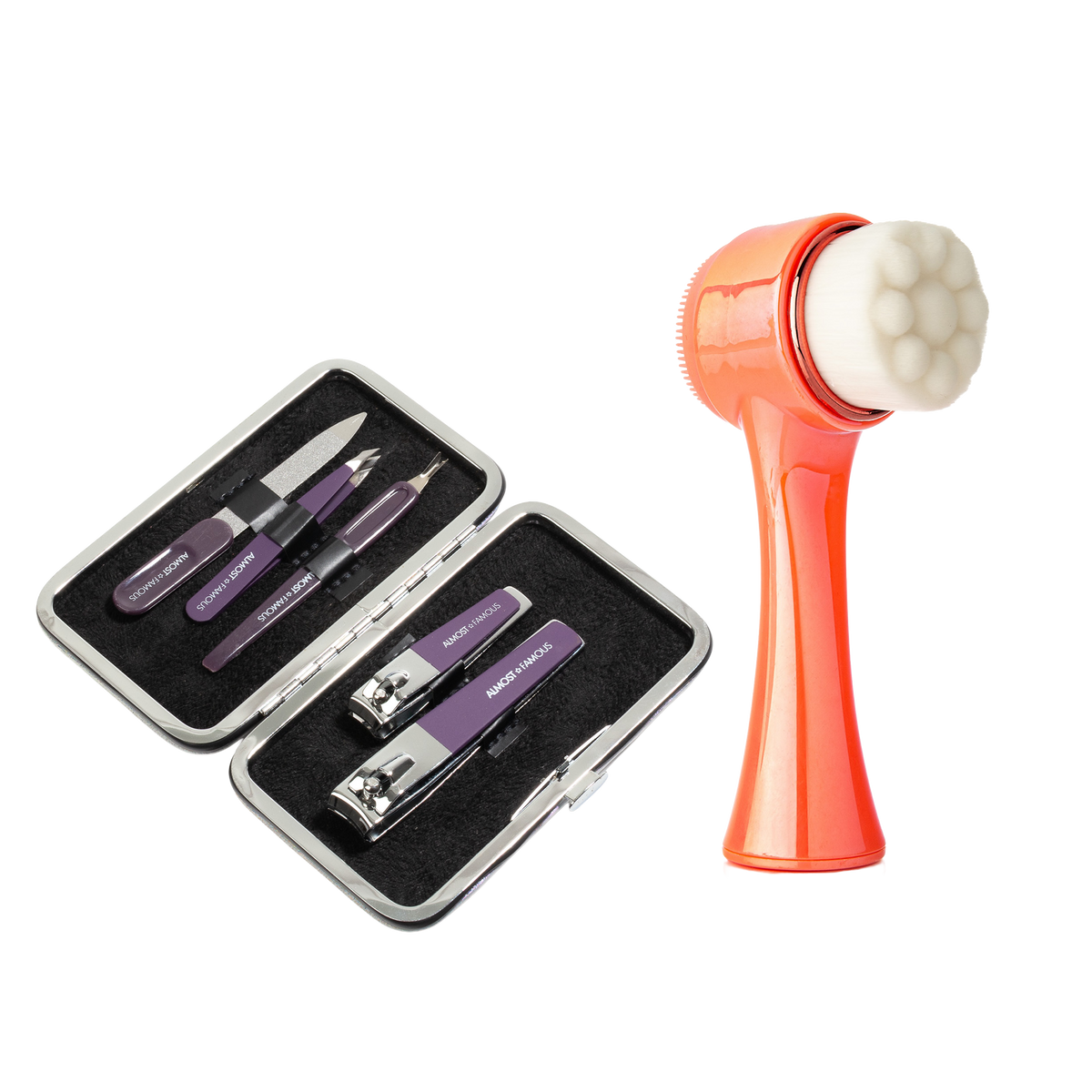ALMOST FAMOUS "Cleanse & Groom" Self-Care Set | 5-Piece Manicure Kit + Facial Exfoliator Brush