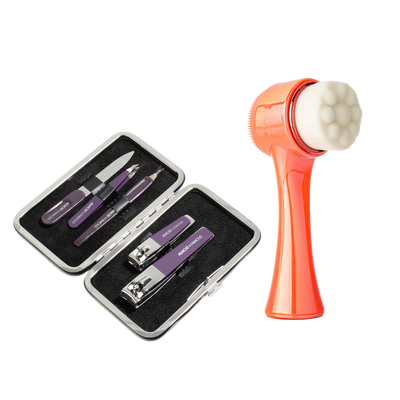 ALMOST FAMOUS "Cleanse & Groom" Self-Care Set | 5-Piece Manicure Kit + Facial Exfoliator Brush