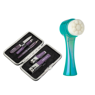 ALMOST FAMOUS "Cleanse & Groom" Self-Care Set | 5-Piece Manicure Kit + Facial Exfoliator Brush