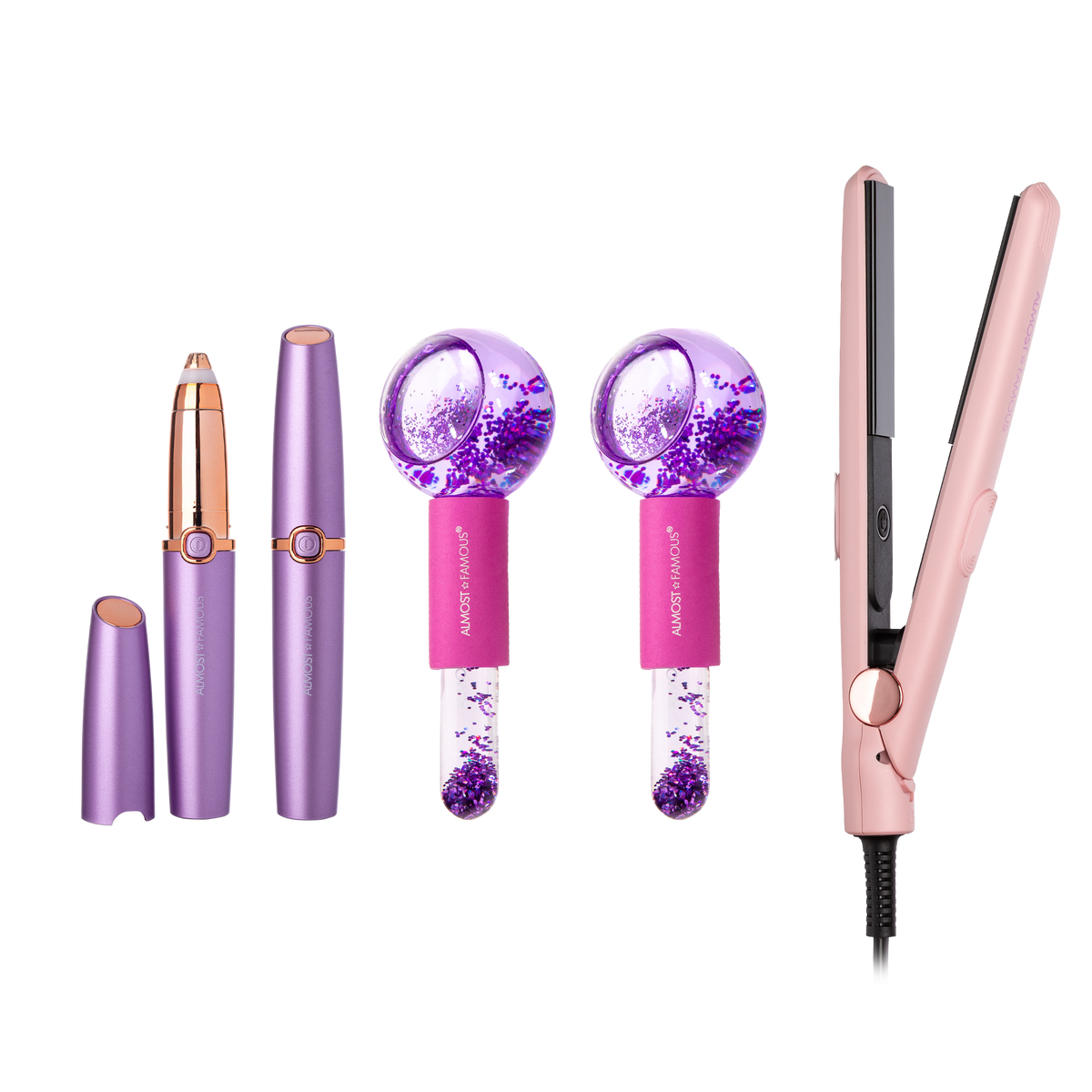 ALMOST FAMOUS "Glow & Go" Travel Beauty Set | Mini Flat Iron, Cryo Facial Globes & LED Brow Trimmer