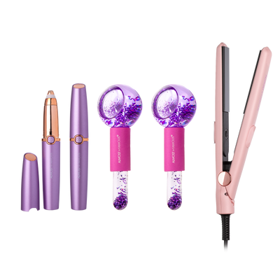 ALMOST FAMOUS "Glow & Go" Travel Beauty Set | Mini Flat Iron, Cryo Facial Globes & LED Brow Trimmer