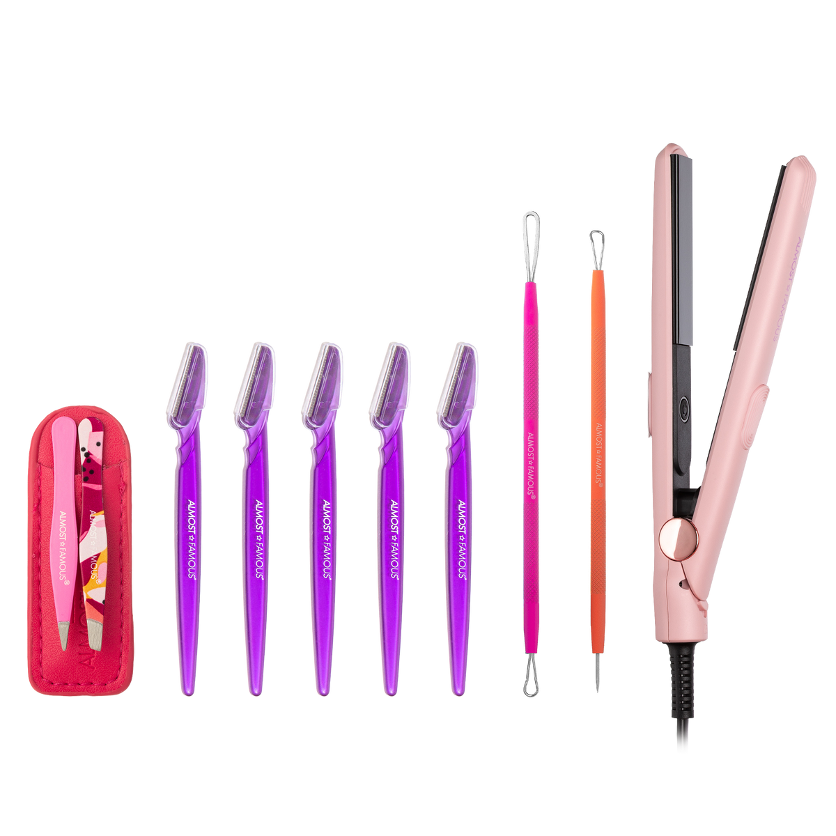 ALMOST FAMOUS "Smooth & Clear" Grooming Set | Mini Flat Iron, Blemish Tool Set, Tweezer Duo & Dermaplaning Razors