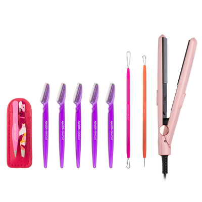 ALMOST FAMOUS "Smooth & Clear" Grooming Set | Mini Flat Iron, Blemish Tool Set, Tweezer Duo & Dermaplaning Razors