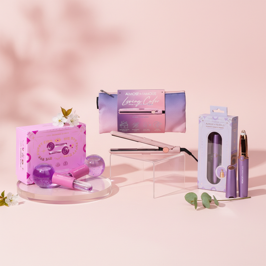 ALMOST FAMOUS "Glow & Go" Travel Beauty Set | Mini Flat Iron, Cryo Facial Globes & LED Brow Trimmer