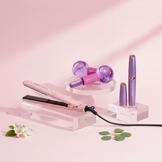 ALMOST FAMOUS "Glow & Go" Travel Beauty Set | Mini Flat Iron, Cryo Facial Globes & LED Brow Trimmer