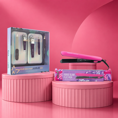 ALMOST FAMOUS "Fierce Glam" Hair & Nail Travel Set | Flat Iron + 5-Piece Manicure Kit