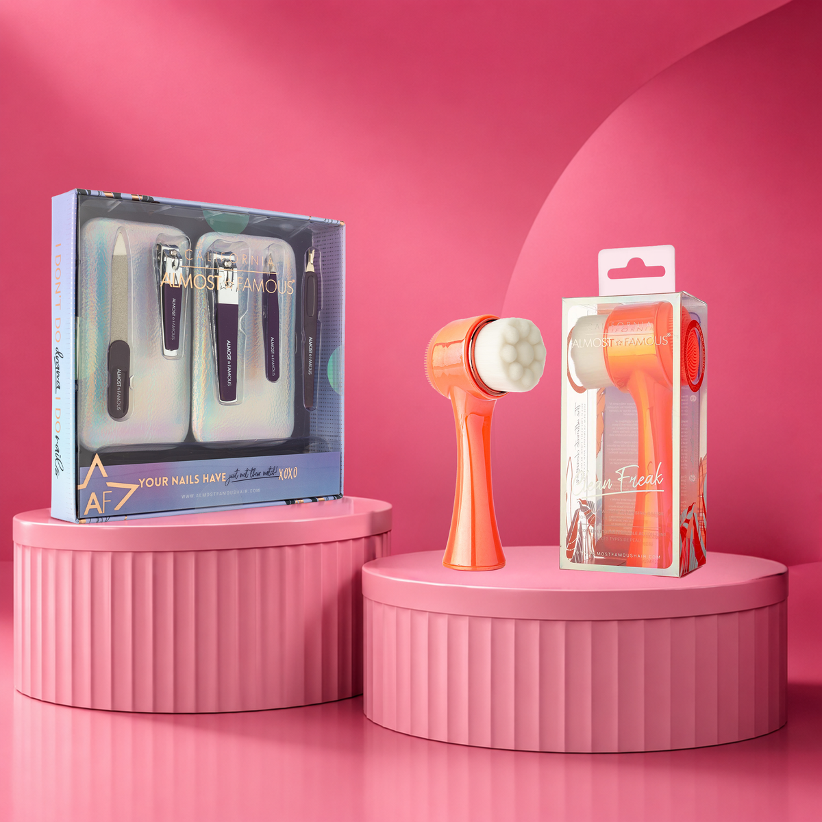ALMOST FAMOUS "Cleanse & Groom" Self-Care Set | 5-Piece Manicure Kit + Facial Exfoliator Brush