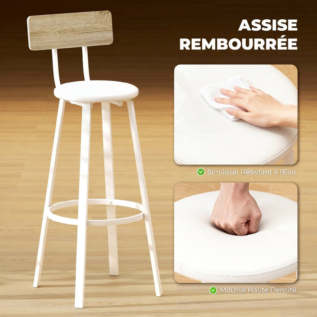 Lot de 2 tabourets de bar, chaises de bar, assise rembourrée 75,5H cm, dossier et repose-pieds, bois naturel et blanc