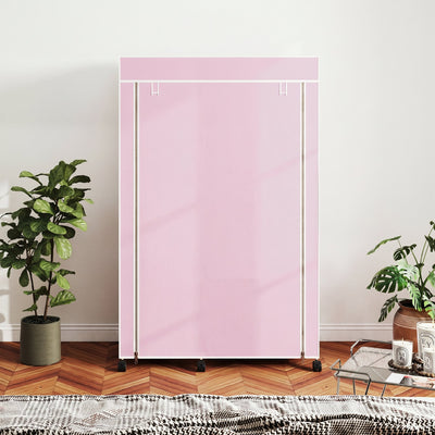 Armoire penderie en tissu meuble de rangement 6 roulettes tringle à vêtements et étagères ouvertes 103x43x162,5cm rose