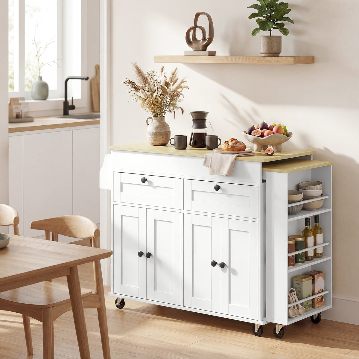 îlot central cuisine avec plateau extensible, desserte de cuisine sur roulettes avec 2 tiroirs, 4 portes, blanc