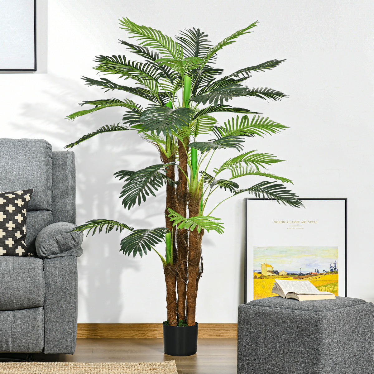 Palmier Artificiel H.1,6 m Arbre Artificiel Tronc Branches Lichen Feuilles Grand réalisme Pot Inclus