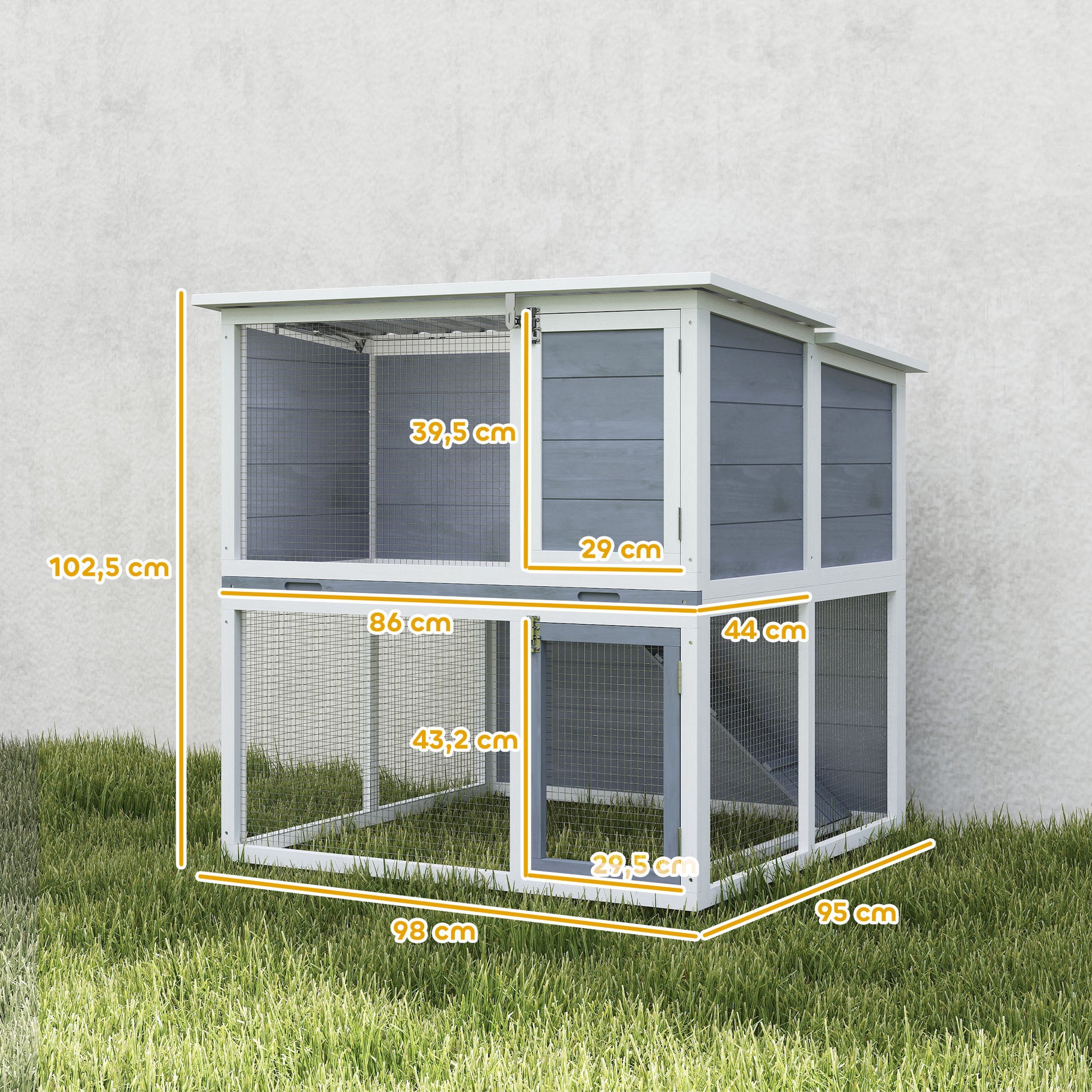 Clapier lapin extérieur cage à lapin 2 étages spacieux toit double ouverture plateau amovible 98x95x102,5cm gris