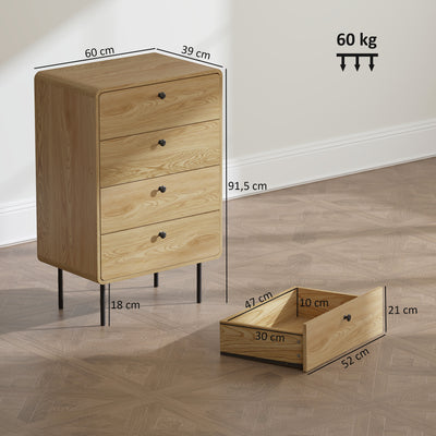 Commode 4 tiroirs, meuble de rangement étroit avec pieds en acier, coins arrondis, 60 x 39 x 91,5 cm, chêne