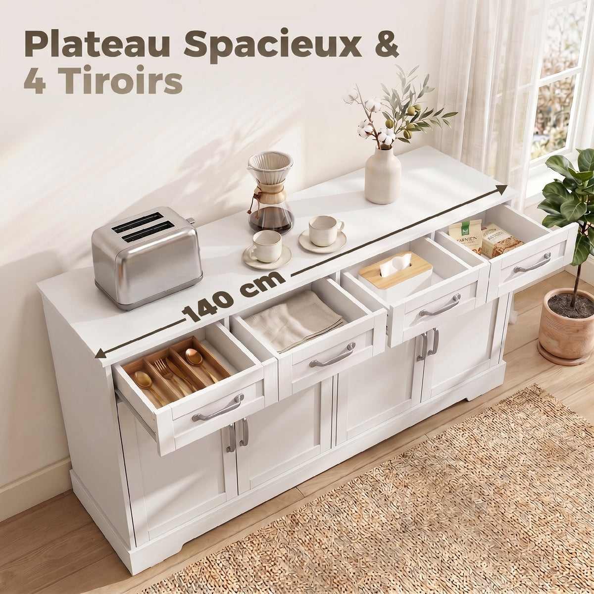 Buffet Cuisine avec Tiroirs, Portes, Étagères Réglables, Style Shaker, Dispositif Anti-Basculement, 140x38x80cm, Blanc Aosom