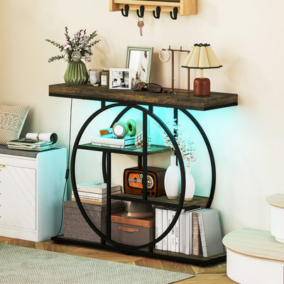 Console meuble avec éclairage LED 100 cm, table console à 4 niveaux avec étagères ouvertes, marron rustique et noir