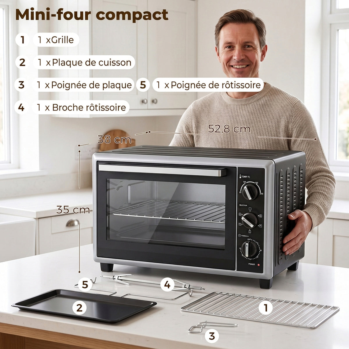 Mini-Four Électrique avec Broche Rotative 32L 1500W, Four à Convection Multifonction, Chaleur Tournante, Minuterie, Noir