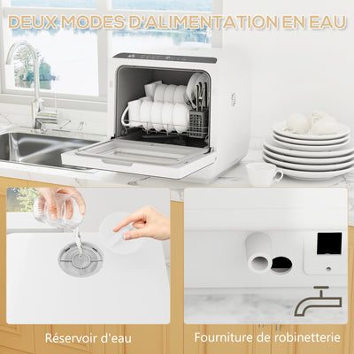 Mini lave-vaisselle compact 4 couverts, lave-vaisselle de table, 6 programmes, commandes tactiles, réservoir 6 L, blanc