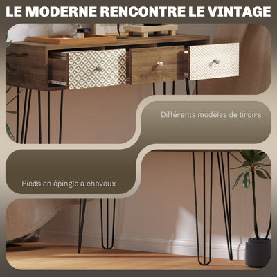 Table console avec 3 tiroirs, table d'entrée étroite avec pieds en épingle à cheveux en acier, 90 x 30 x 75 cm, marron