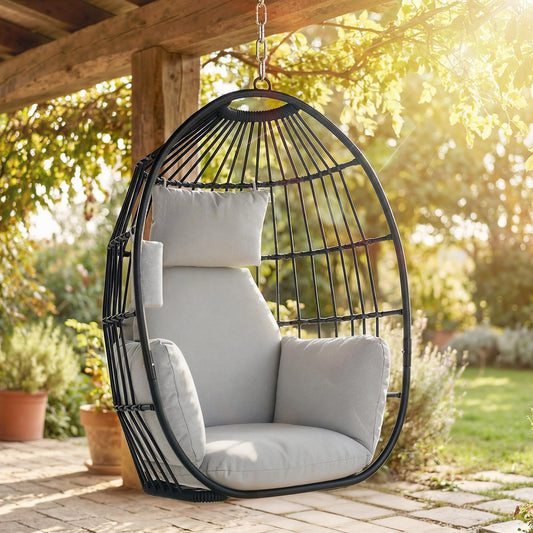 Fauteuil suspendu, fauteuil œuf suspendu, panier pliable, coussins rembourrés, porte-gobelet, oreiller, gris foncé