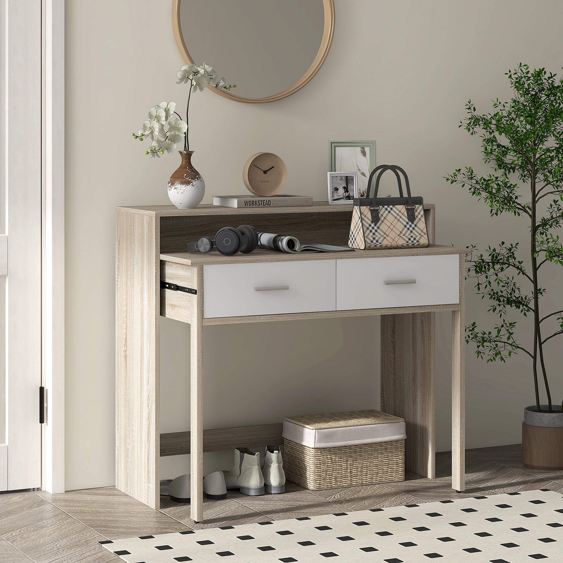 Table console avec plateau coulissant et 2 tiroirs, table de couloir avec rangement, 95l x 35P x 87H cm, aspect chêne