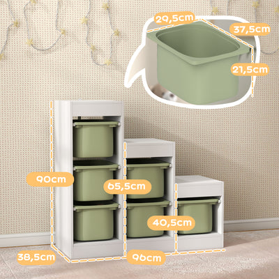 Meuble de rangement pour jouets des enfants avec 6 bacs amovibles, 3 niveaux de rangement, 96 x 38,5 x 90, vert