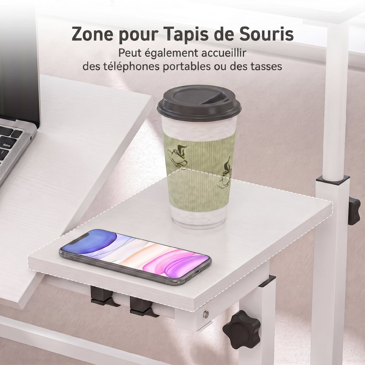 Bureau Assis-Debout, Bureau Réglable en Hauteur 70 x 60 cm, à Roulettes avec Plateau Inclinable, 70x60x70,5-120cm, Blanc