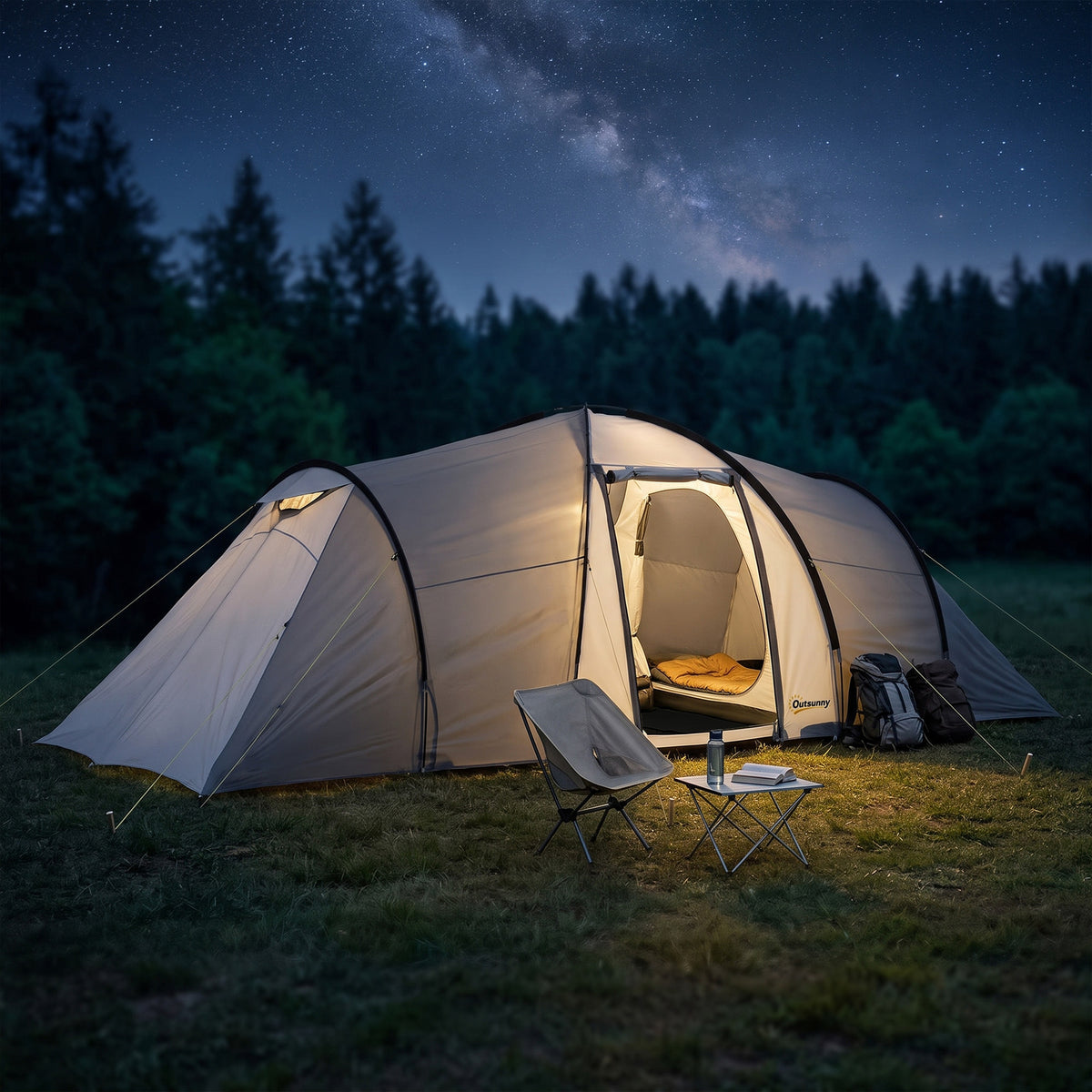 Tente de camping familiale 4 personnes dôme 2 chambres 1 séjour et 1 auvent anti-UV Imperméable 2000 mm multicolore