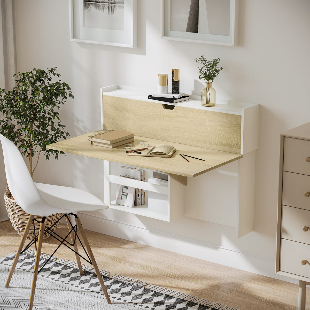Bureau pliable mural avec étagères de rangement et placard, bureau rabattable, 100 x 18 x 74 cm effet bois naturel