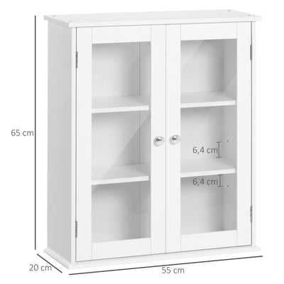 Armoire murale de salle de bain, meuble haut salle de bains avec 2 portes en verre, étagère réglable, 55x20x65cm, blanc