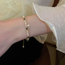 Designer Handmade Genuine White Freshwater Pearl & Simulated Emerald Bracelet in Gold