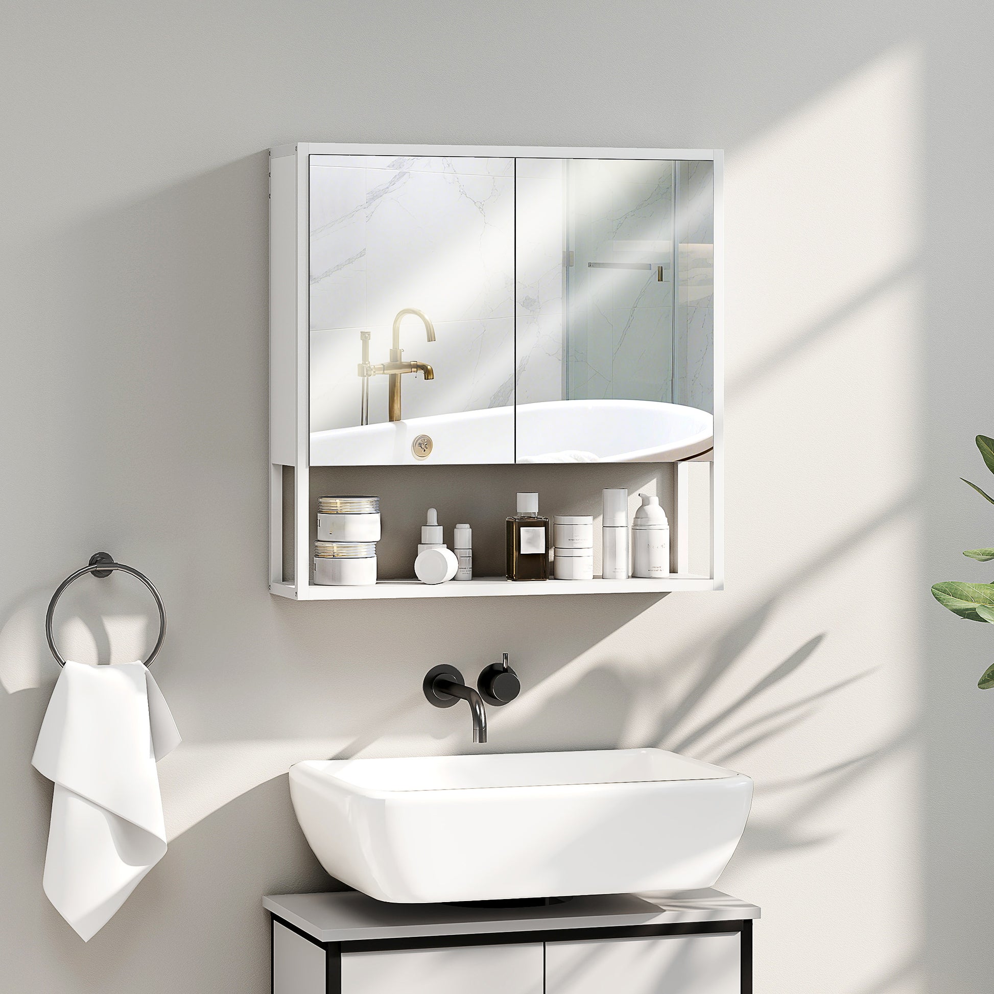 Armoire murale salle de bain avec miroir, meuble salle de bain, 2 portes miroir, étagère ouverte 60 x 16 x 60 cm blanc
