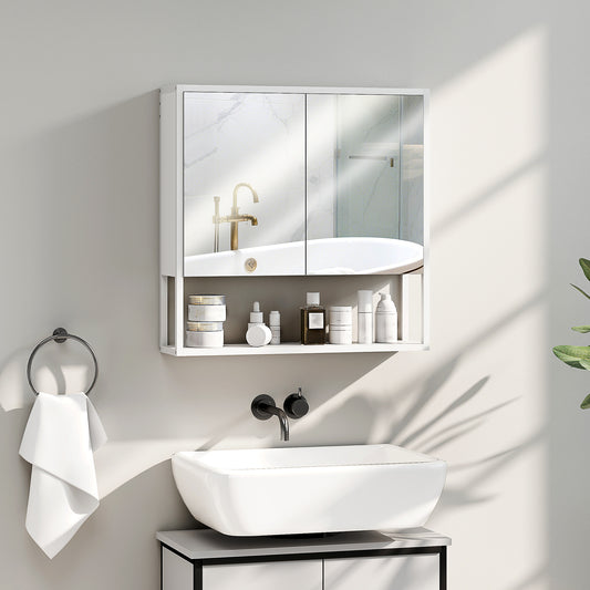 Armoire murale salle de bain avec miroir, meuble salle de bain, 2 portes miroir, étagère ouverte 60 x 16 x 60 cm blanc