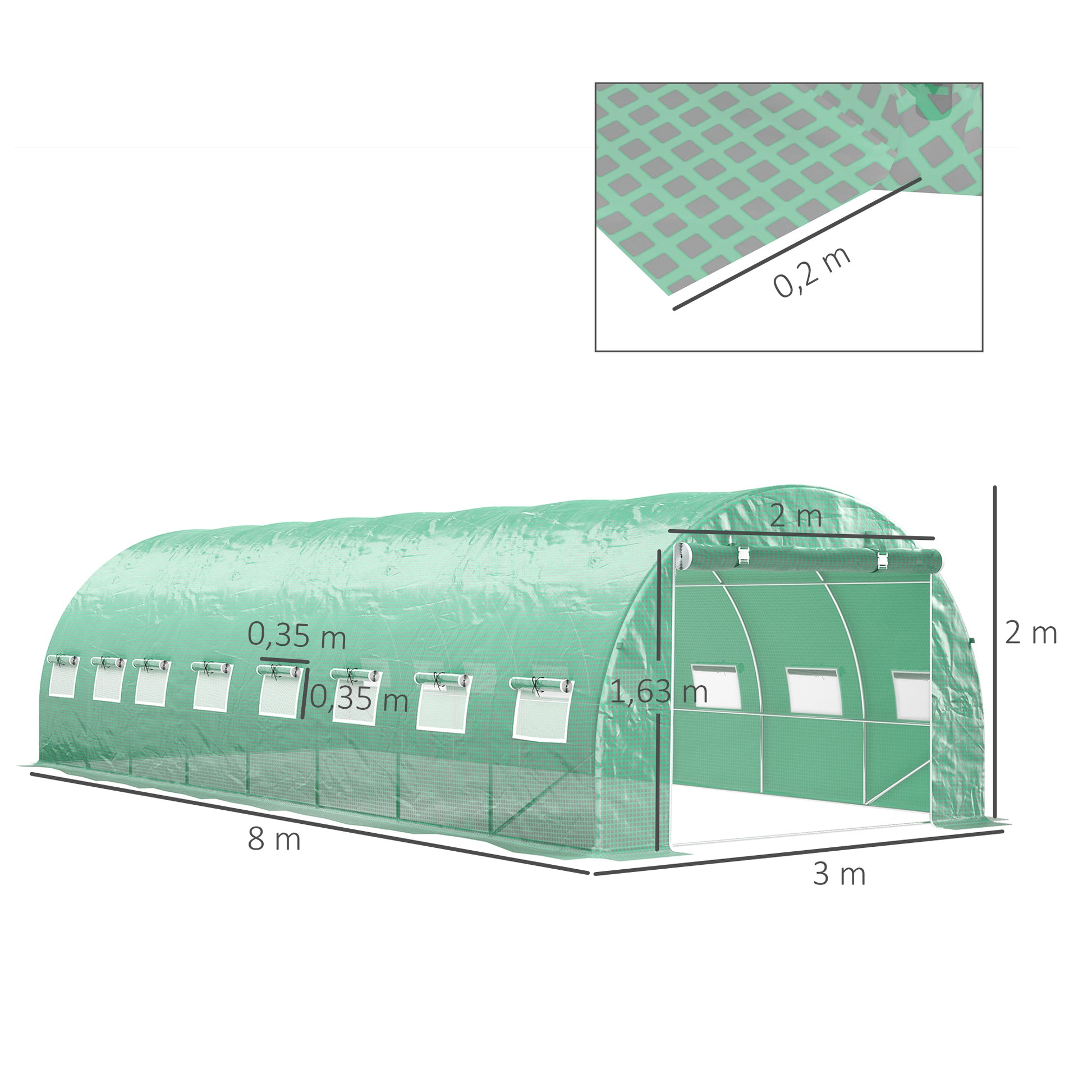 Serre de jardin tunnel 24m² 8L x 3l x 2H m - 16 fenêtres, Porte zippée enroulable acier galvanisé, bâche PE, Vert