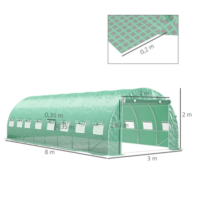 Serre de jardin tunnel 24m² 8L x 3l x 2H m - 16 fenêtres, Porte zippée enroulable acier galvanisé, bâche PE, Vert