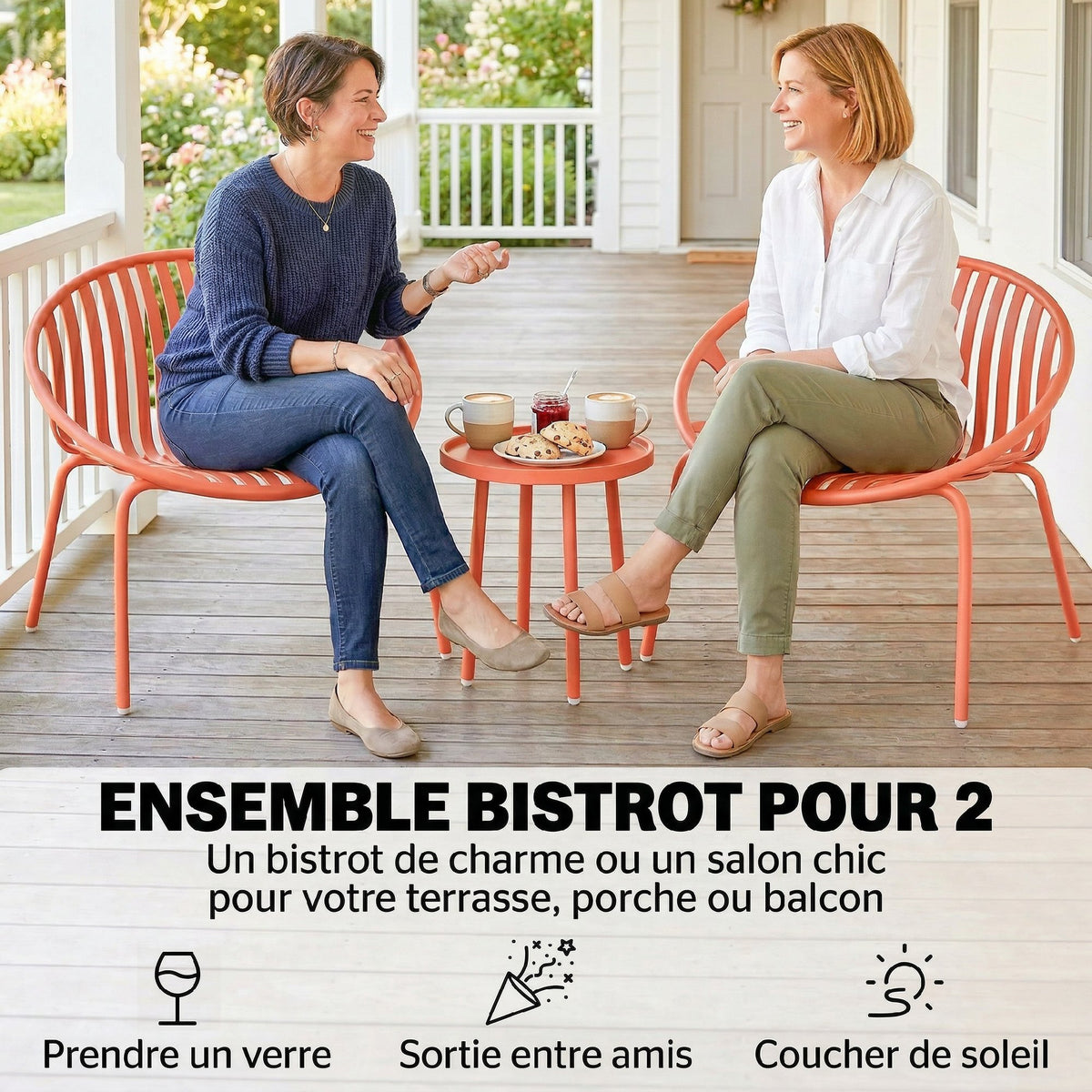Salon de Jardin Ensemble Bistro 3 Pièces Table Basse à Plateau Concave Acier et Polypropylène 80x70x75cm Rouge Brique