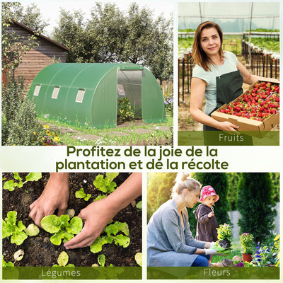 Serre de jardin tunnel 13,5 m² 6 fenêtres porte zippée enroulable châssis acier galvanisé bâche PE 4,5 x 3 x 2 m vert