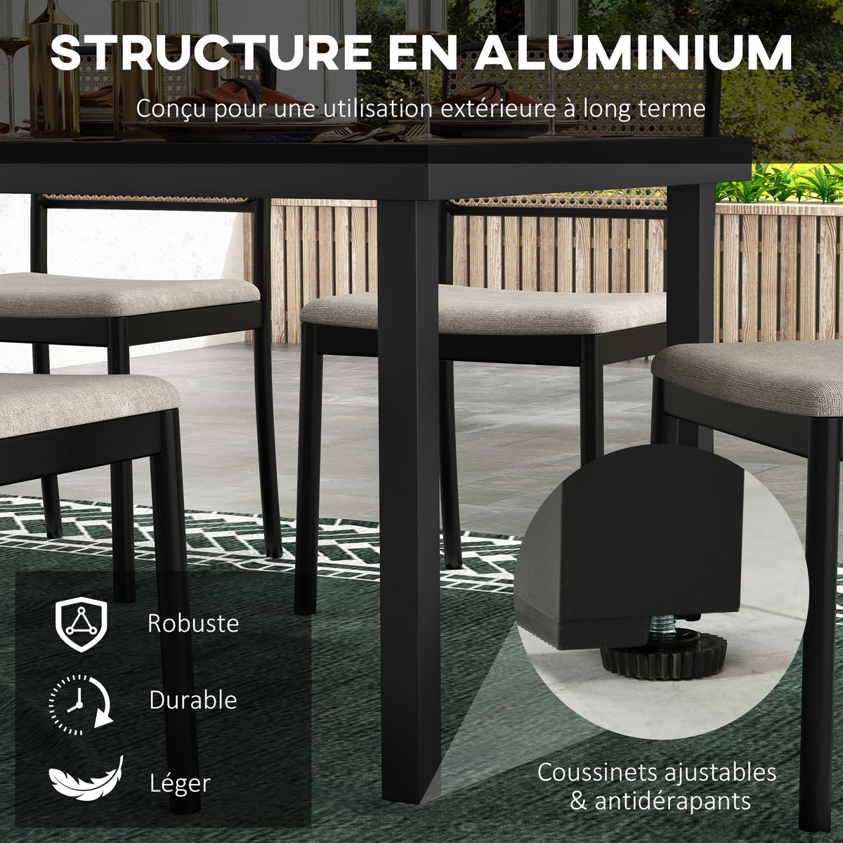 Table de jardin rectangulaire pour 8 personnes en aluminium table de salle à manger extétieur plateau PE à lattes