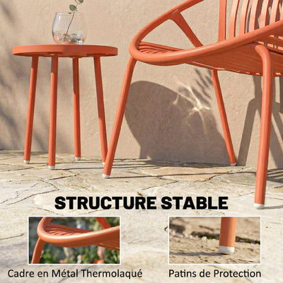 Salon de Jardin Ensemble Bistro 3 Pièces Table Basse à Plateau Concave Acier et Polypropylène 80x70x75cm Rouge Brique