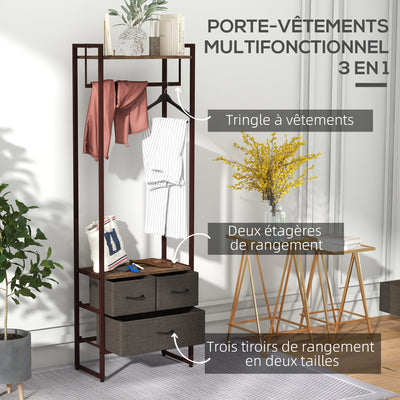 Portant à vêtements avec 3 tiroirs en tissu, étagères de rangement et tringle de suspension, 58,5 x 30 x 178 cm, marron