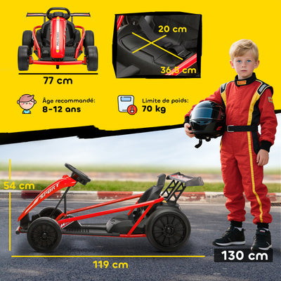 Voiture électrique GoKart kart électrique pour enfants 2 x 24 V moteurs mode dérive à 13 km/h 119 x 77 x 54 cm rouge