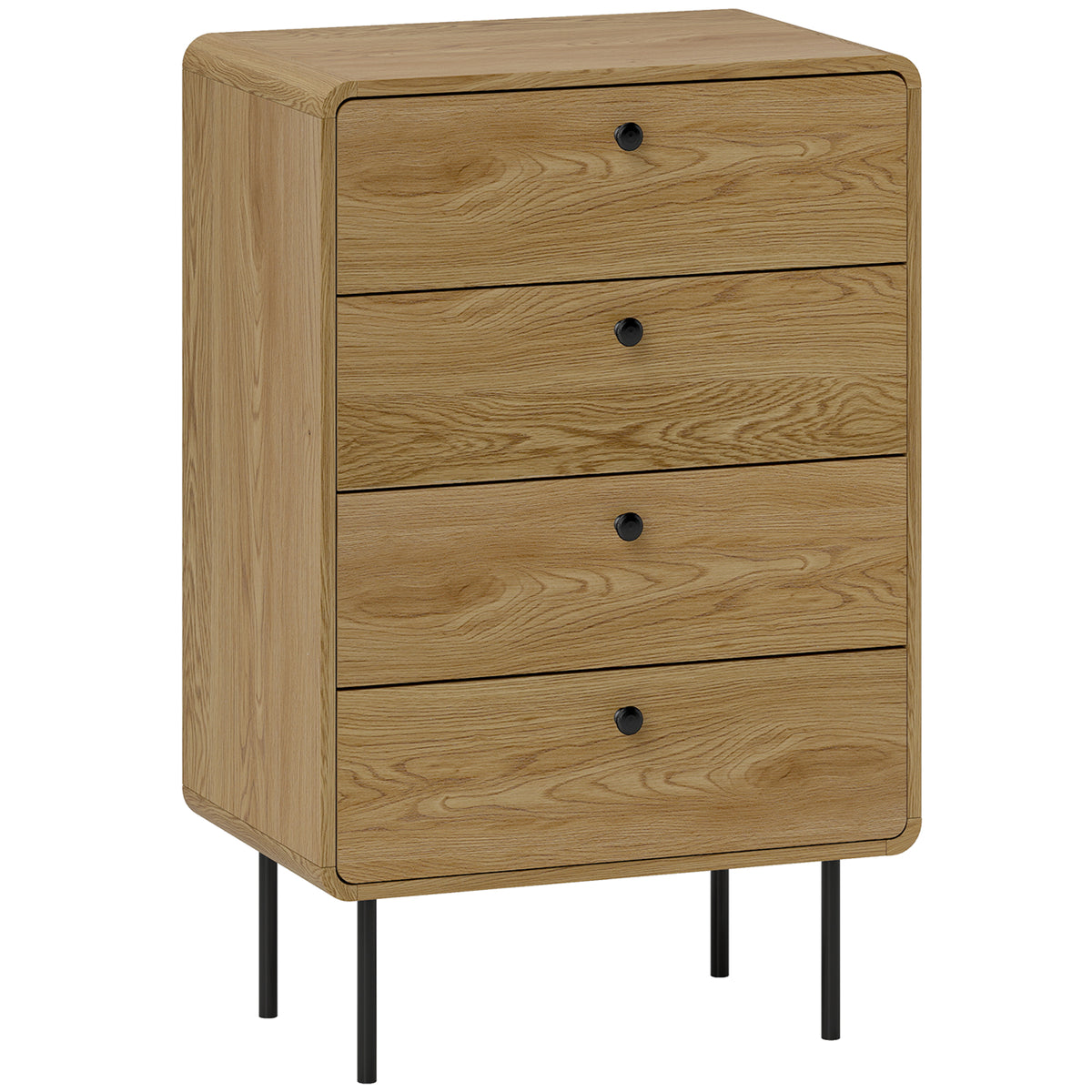Commode 4 tiroirs, meuble de rangement étroit avec pieds en acier, coins arrondis, 60 x 39 x 91,5 cm, chêne